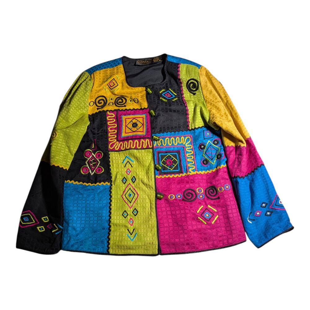 Vtg Y2K Alex Ku Black Neon Patchwork Embroidered Toggle Closure Jacket Sz S